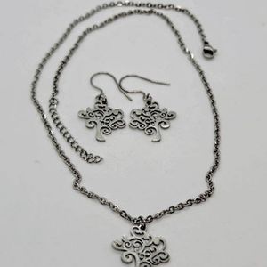 Stainless Steel Tree of Life Cable Chain Necklace and Earrings Set, Minimalist
